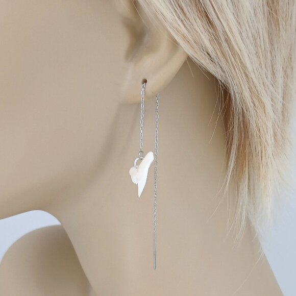 Tiger SHARKS TEETH Ear Threads Threader Earrings Silver Pair Shark Tooth 4.5" Ad - Picture 3 of 6